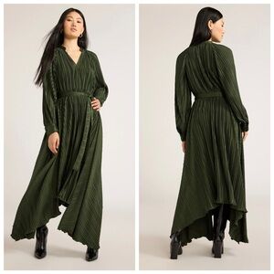 EUC Scoop Green Satin V Pleated Handkerchief Asymmetrical Tie Long Midi Dress S